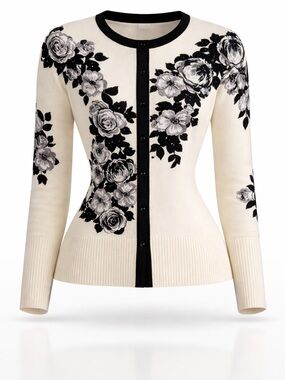 White House Black Market Floral Cardigan Size S Black Ivory Snap